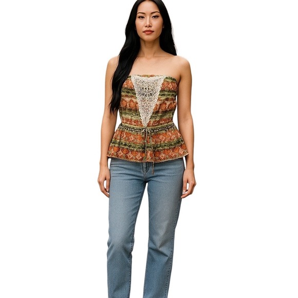 Weavers Boho Crochet Trim Printed‎ Peplum Tube Top Rust Olive Size XL NWT - Picture 1 of 7